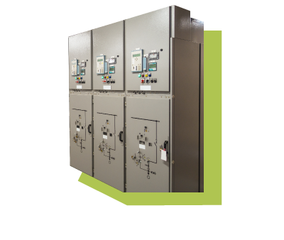 A large, gray industrial electrical switchgear with multiple panels and control meters